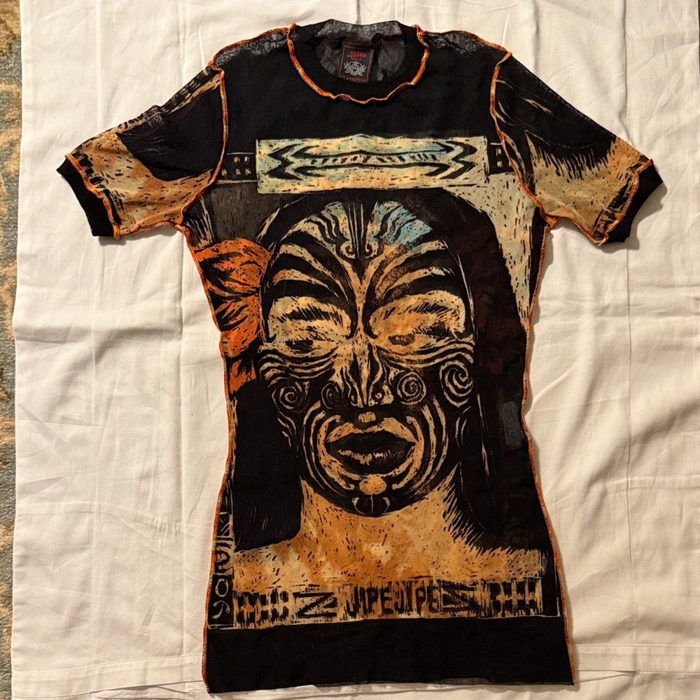 JEAN PAUL GAULTIER Classique Māori TRIBAL Print Mesh T-Shirt Size Large